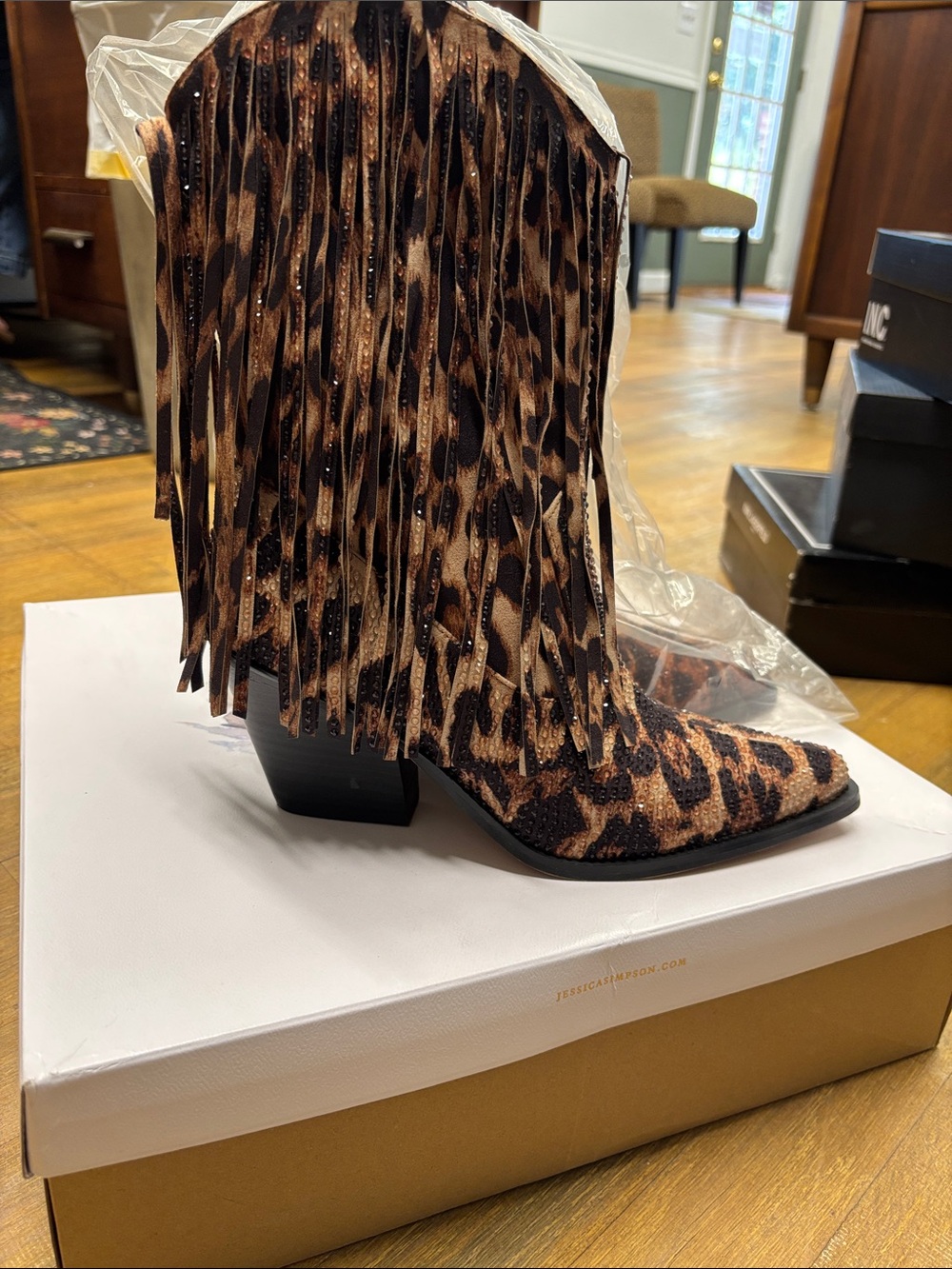 Jessica Simpson Leopard Print Fringe Western Bootie in Brown & Black